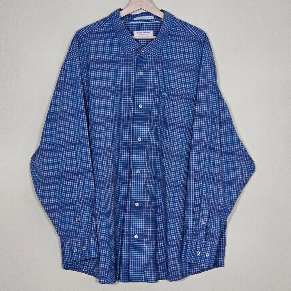 Tommy Bahama Shirt Men 3XLB Blue Plaid LS Performance Pit Vents Buttons Buttons
